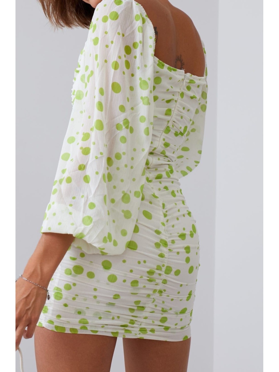 Rochie drapată cu buline, crem și lime 2940 - Magazin online - Boutique